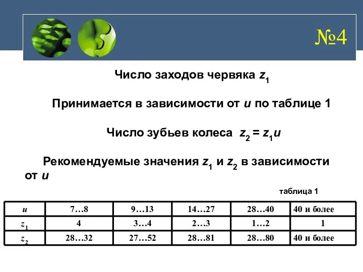 Число заходов червяка z1 Принимается в зависимости от u по таблице