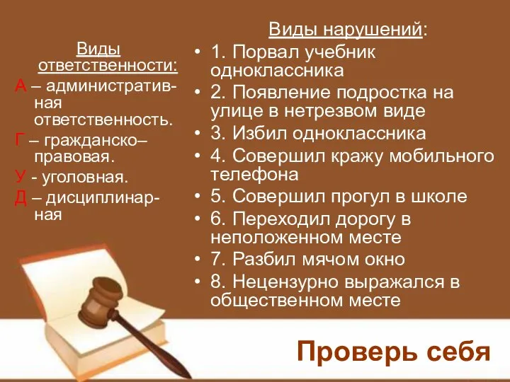 Виды ответственности: А – административ-ная ответственность. Г – гражданско–правовая. У -