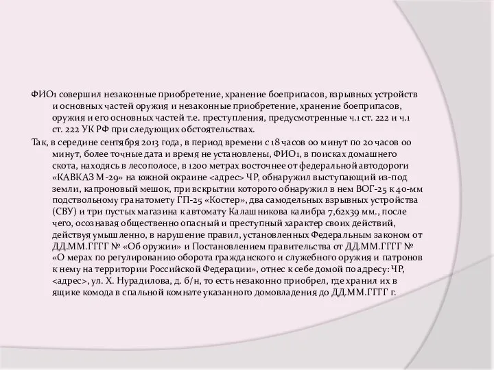 ФИО1 совершил незаконные приобретение, хранение боеприпасов, взрывных устройств и основных частей