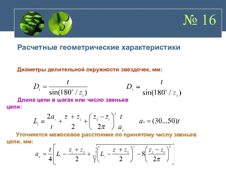 № 16 Расчетные геометрические характеристики Диаметры делительной окружности звездочек, мм: Длина