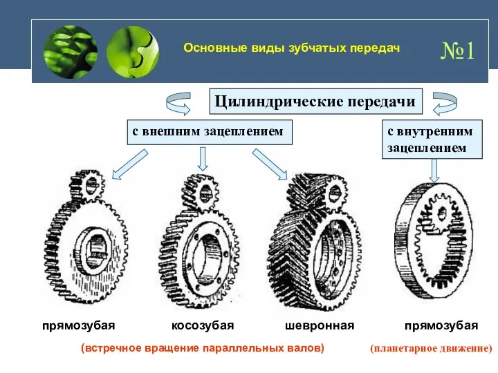 №1 с внешним зацеплением прямозубая прямозубая косозубая шевронная Основные виды зубчатых