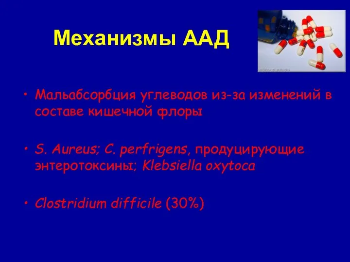 Механизмы ААД Мальабсорбция углеводов из-за изменений в составе кишечной флоры S.