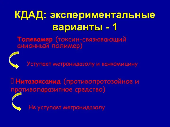 КДАД: экспериментальные варианты - 1 ? Толевамер (токсин-связывающий анионный полимер) Уступает