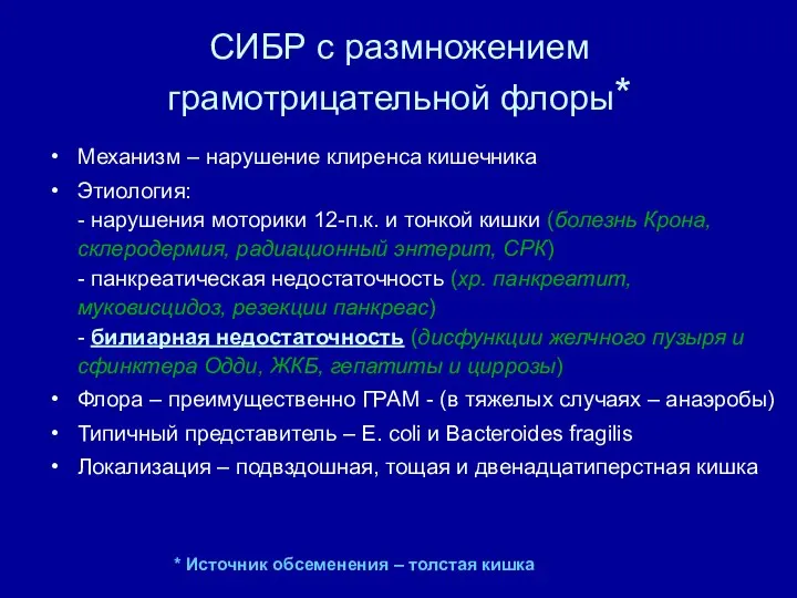 СИБР с размножением грамотрицательной флоры* Механизм – нарушение клиренса кишечника Этиология: