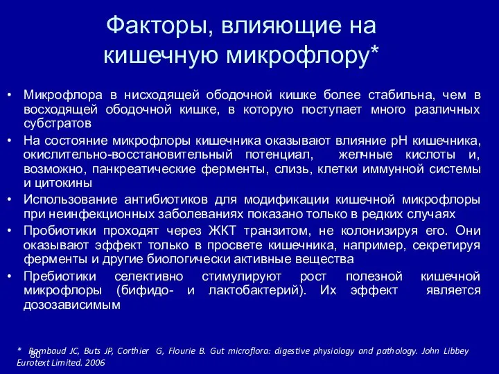 Факторы, влияющие на кишечную микрофлору* Микрофлора в нисходящей ободочной кишке более