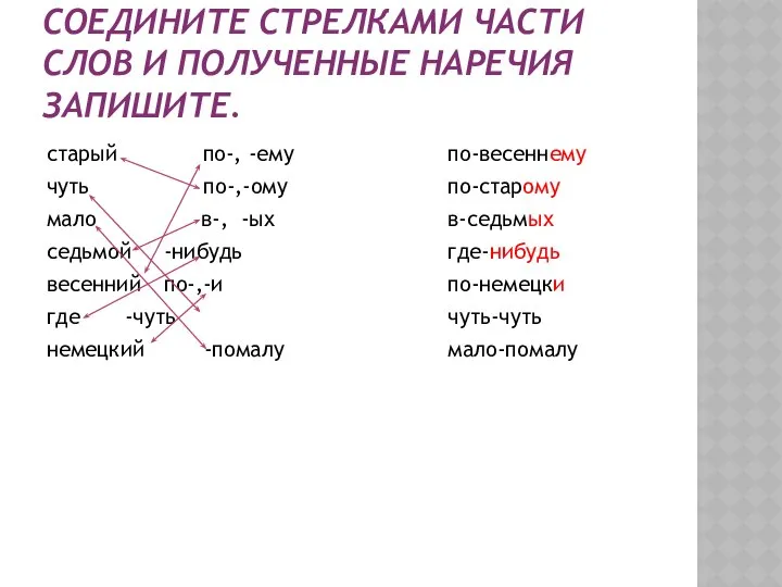 СОЕДИНИТЕ СТРЕЛКАМИ ЧАСТИ СЛОВ И ПОЛУЧЕННЫЕ НАРЕЧИЯ ЗАПИШИТЕ. старый по-, -ему