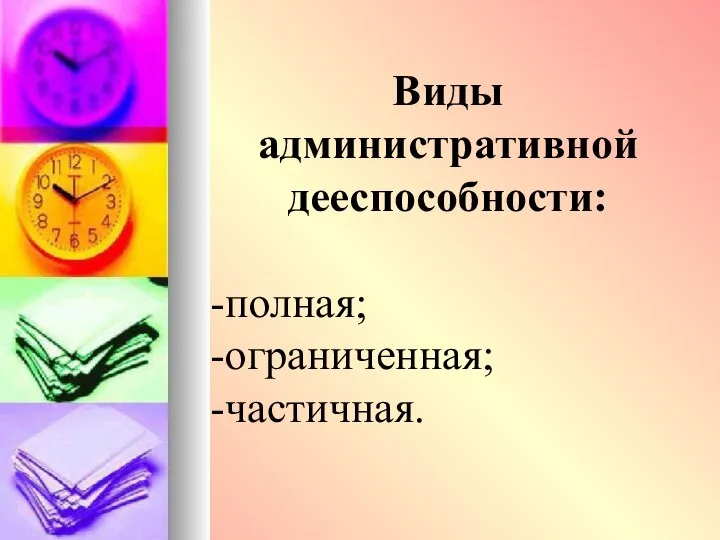 Виды административной дееспособности: полная; ограниченная; частичная.