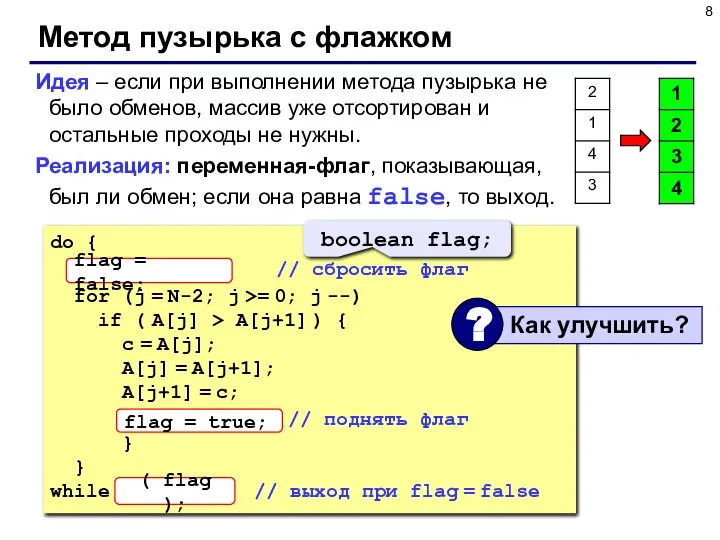 Метод пузырька с флажком Идея – если при выполнении метода пузырька