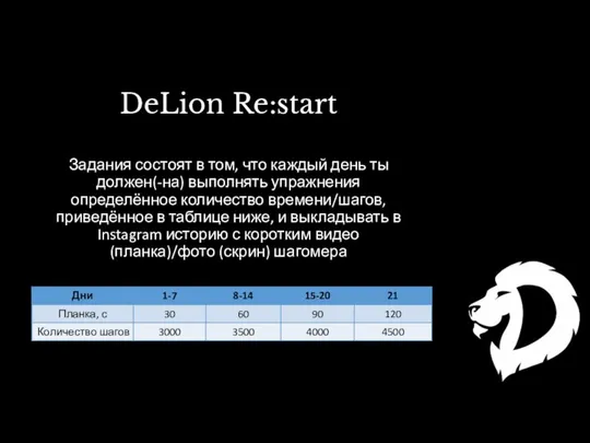 DeLion Re:start Задания состоят в том, что каждый день ты должен(-на)