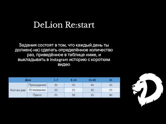 DeLion Re:start Задания состоят в том, что каждый день ты должен(-на)