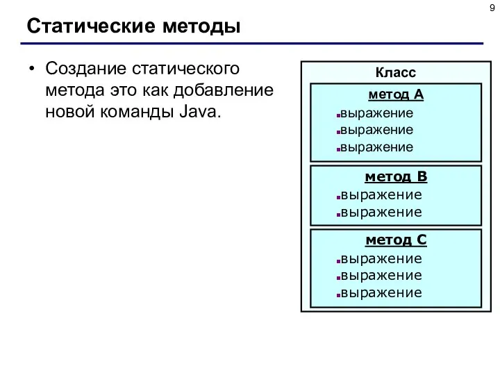 Статические методы Создание статического метода это как добавление новой команды Java.