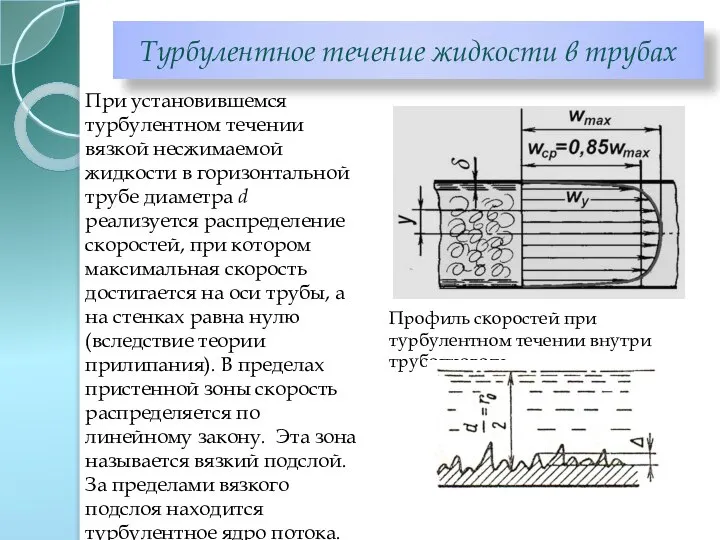 Турбулентное течение жидкости в трубах Профиль скоростей при турбулентном течении внутри