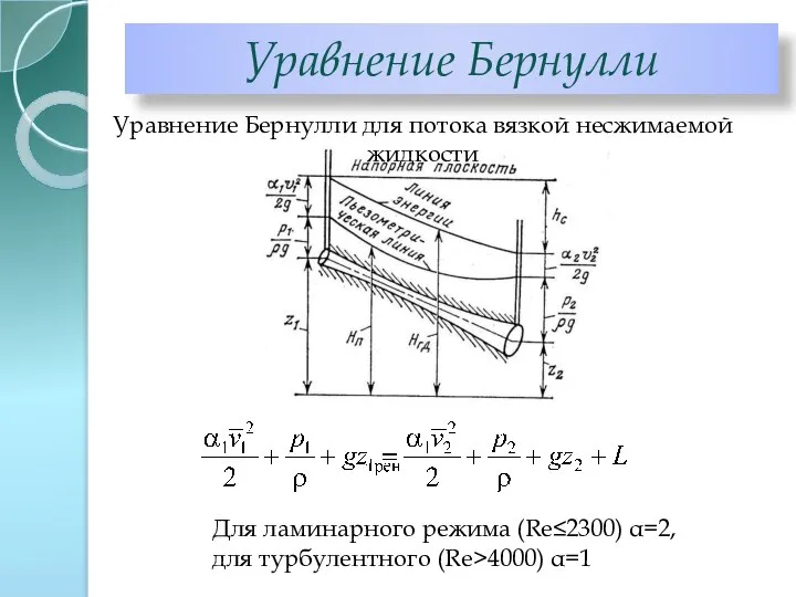 Уравнение Бернулли Уравнение Бернулли для потока вязкой несжимаемой жидкости Для ламинарного