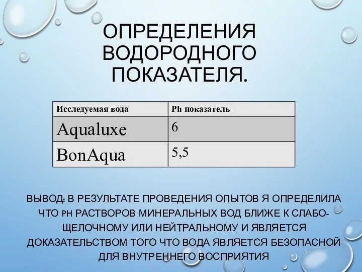 ОПРЕДЕЛЕНИЯ ВОДОРОДНОГО ПОКАЗАТЕЛЯ. ВЫВОД: В РЕЗУЛЬТАТЕ ПРОВЕДЕНИЯ ОПЫТОВ Я ОПРЕДЕЛИЛА ЧТО