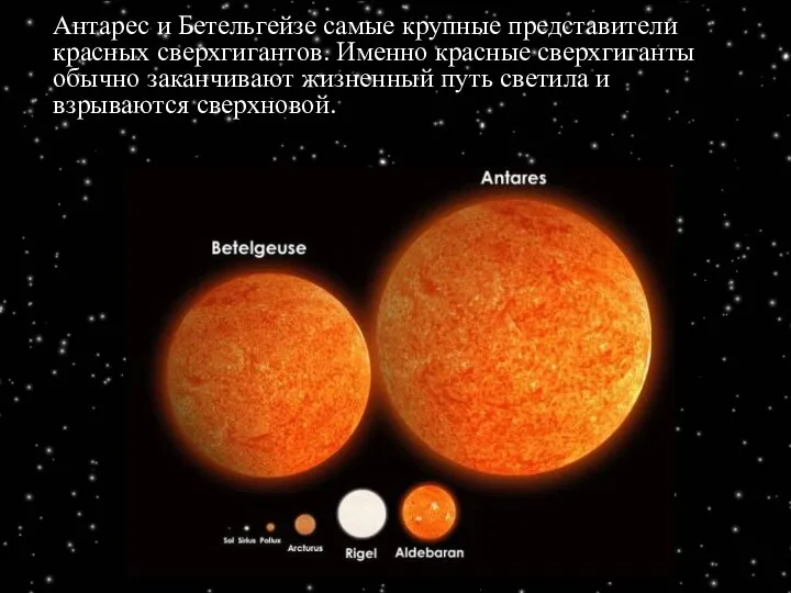 Антарес и Бетельгейзе самые крупные представители красных сверхгигантов. Именно красные сверхгиганты