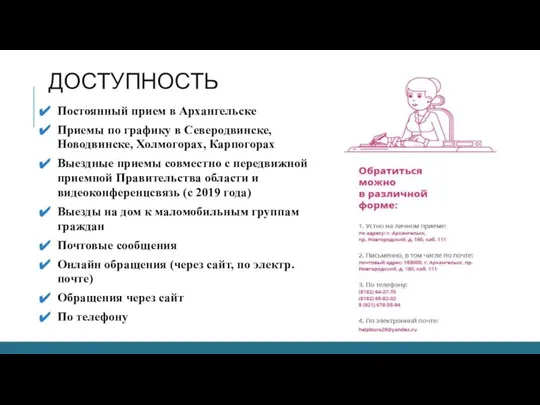 ДОСТУПНОСТЬ Постоянный прием в Архангельске Приемы по графику в Северодвинске, Новодвинске,