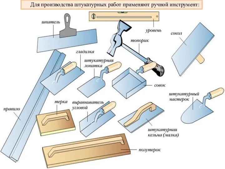 Для производства штукатурных работ применяют ручной инструмент: