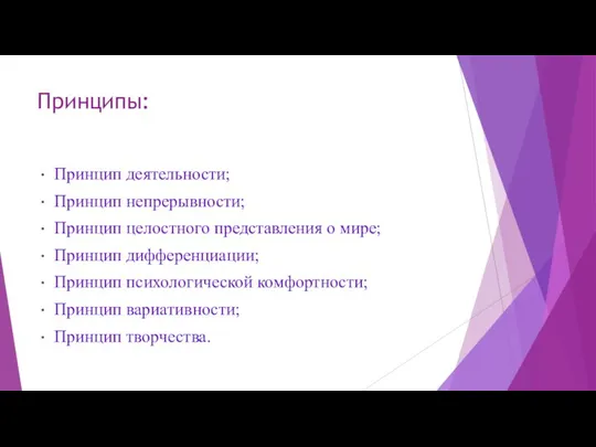 Принципы: Принцип деятельности; Принцип непрерывности; Принцип целостного представления о мире; Принцип