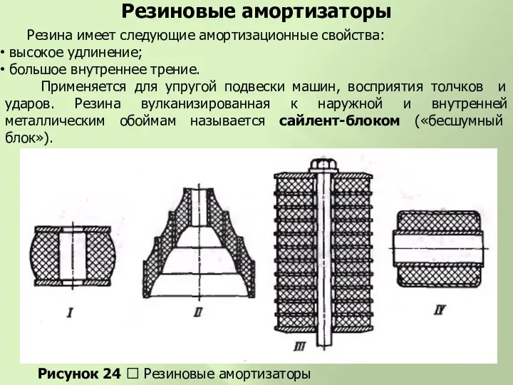 Резиновые амортизаторы Резина имеет следующие амортизационные свойства: высокое удлинение; большое внутреннее