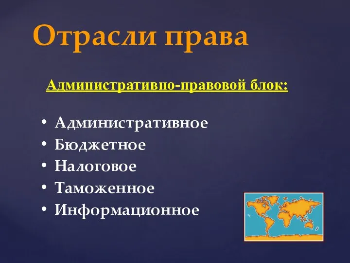 Отрасли права Административное Бюджетное Налоговое Таможенное Информационное Административно-правовой блок: