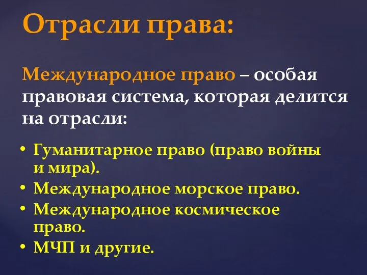 Международное право – особая правовая система, которая делится на отрасли: Гуманитарное