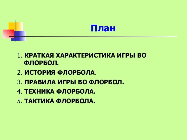 План 1. КРАТКАЯ ХАРАКТЕРИСТИКА ИГРЫ ВО ФЛОРБОЛ. 2. ИСТОРИЯ ФЛОРБОЛА. 3.