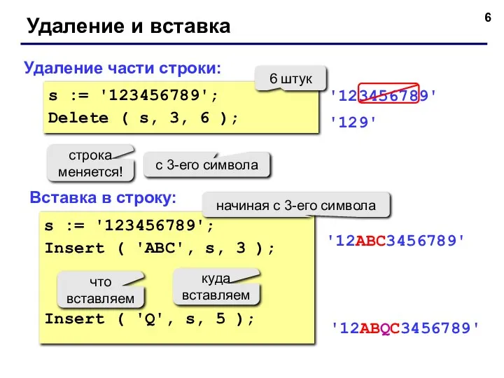 Удаление и вставка Удаление части строки: Вставка в строку: s :=