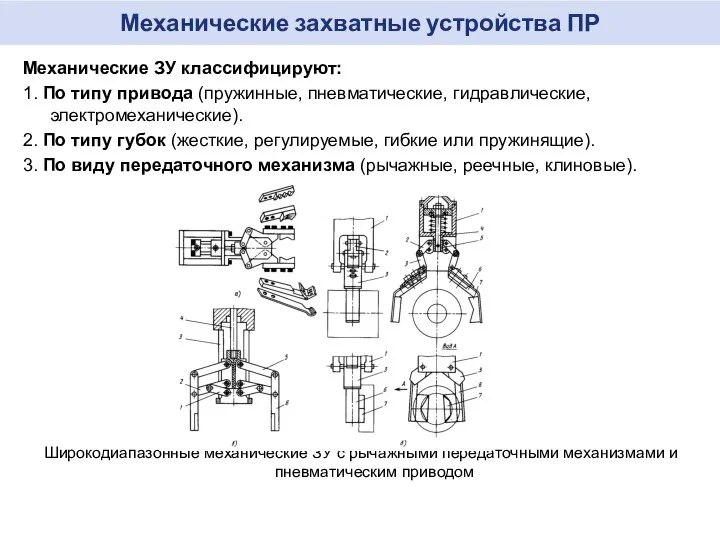 Механические захватные устройства ПР Механические ЗУ классифицируют: 1. По типу привода