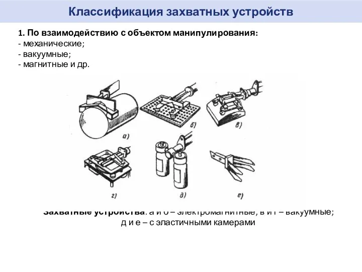 Классификация захватных устройств 1. По взаимодействию с объектом манипулирования: - механические;