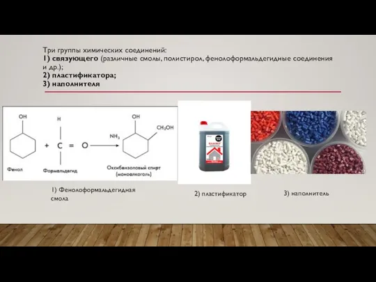 Три группы химических соединений: 1) связующего (различные смолы, полистирол, фенолоформальдегидные соединения