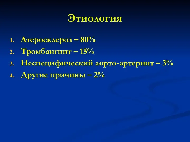 Этиология Атеросклероз – 80% Тромбангиит – 15% Неспецифический аорто-артериит – 3% Другие причины – 2%