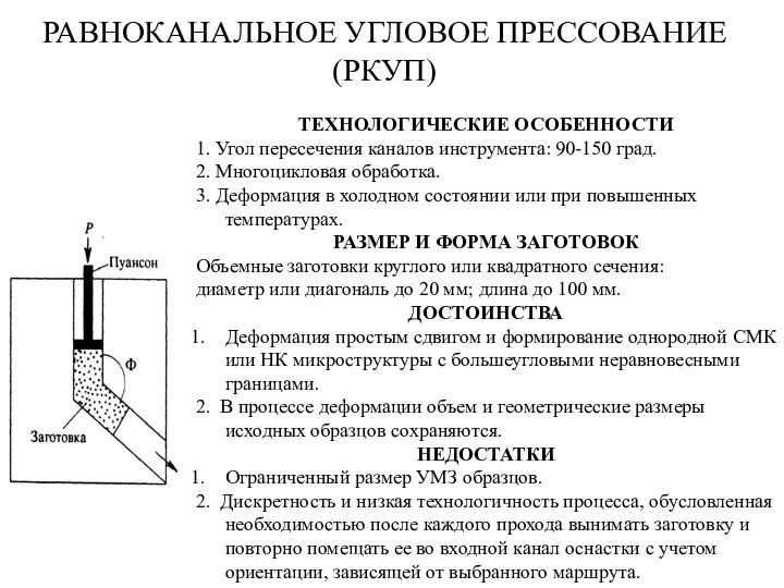 РАВНОКАНАЛЬНОЕ УГЛОВОЕ ПРЕССОВАНИЕ (РКУП) ТЕХНОЛОГИЧЕСКИЕ ОСОБЕННОСТИ 1. Угол пересечения каналов инструмента: