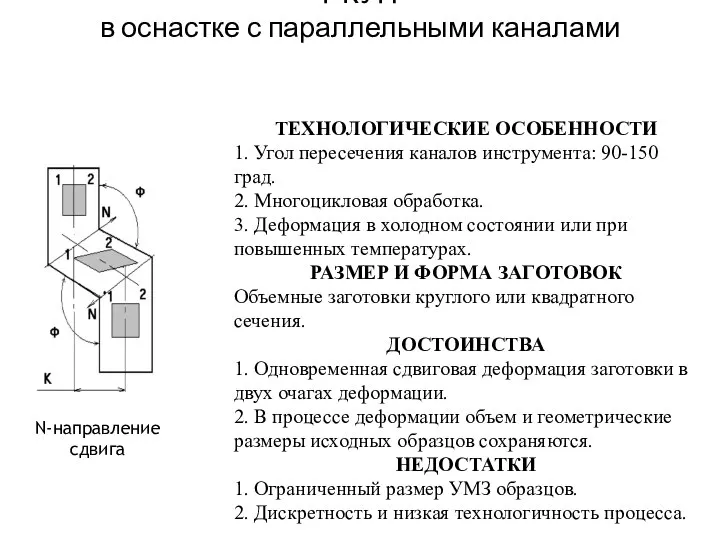 РКУП в оснастке с параллельными каналами N-направление сдвига ТЕХНОЛОГИЧЕСКИЕ ОСОБЕННОСТИ 1.