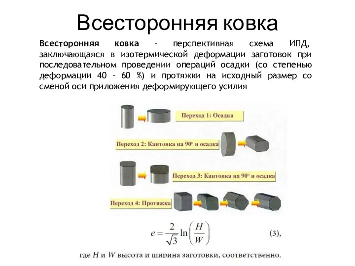 Всесторонняя ковка Всесторонняя ковка – перспективная схема ИПД, заключающаяся в изотермической