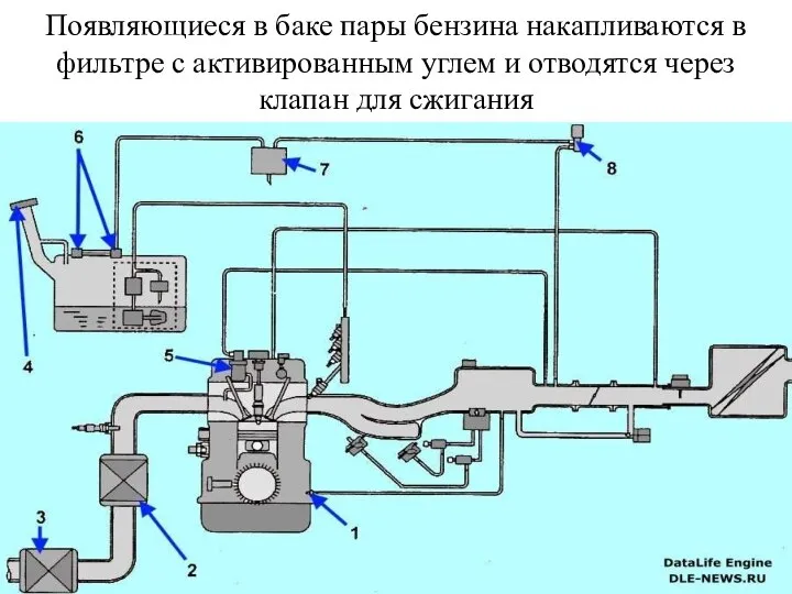 Появляющиеся в баке пары бензина накапливаются в фильтре с активированным углем