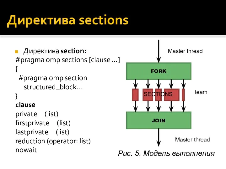 Директива sections Директива section: #pragma omp sections [clause …] { #pragma