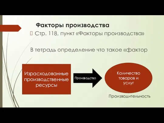 Факторы производства Стр. 118, пункт «Факторы производства» В тетрадь определение что