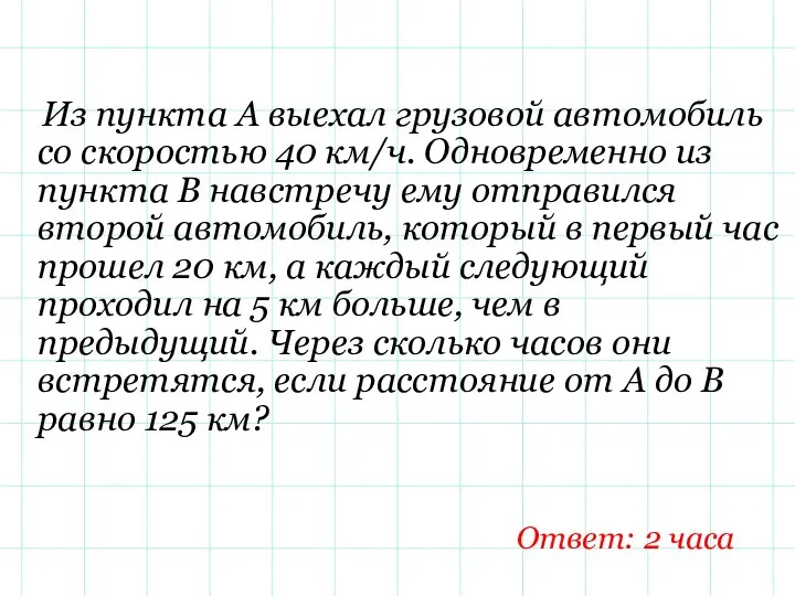 Из пункта А выехал грузовой автомобиль со скоростью 40 км/ч. Одновременно