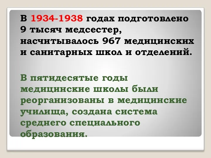 В 1934-1938 годах подготовлено 9 тысяч медсестер, насчитывалось 967 медицинских и