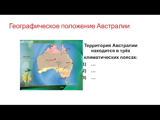 Географическое положение Австралии Территория Австралии находится в трёх климатических поясах: … … …