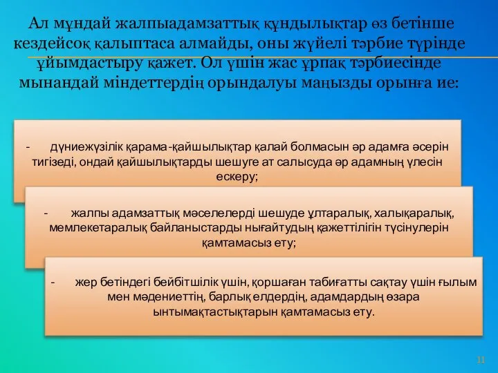 Ал мұндай жалпыадамзаттық құндылықтар өз бетінше кездейсоқ қалыптаса алмайды, оны жүйелі