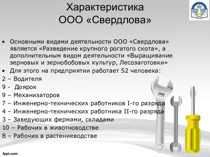 Характеристика ООО «Свердлова» Основными видами деятельности ООО «Свердлова» является «Разведение крупного