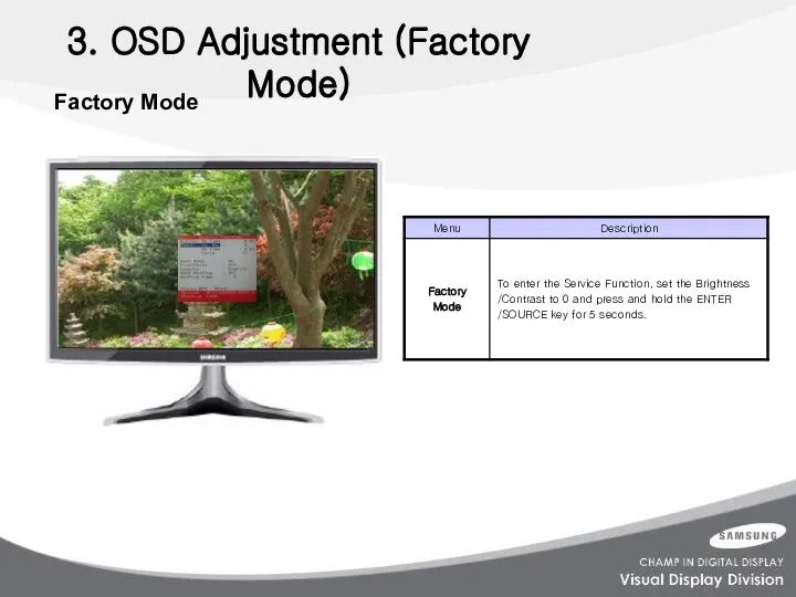 3. OSD Adjustment (Factory Mode) Factory Mode