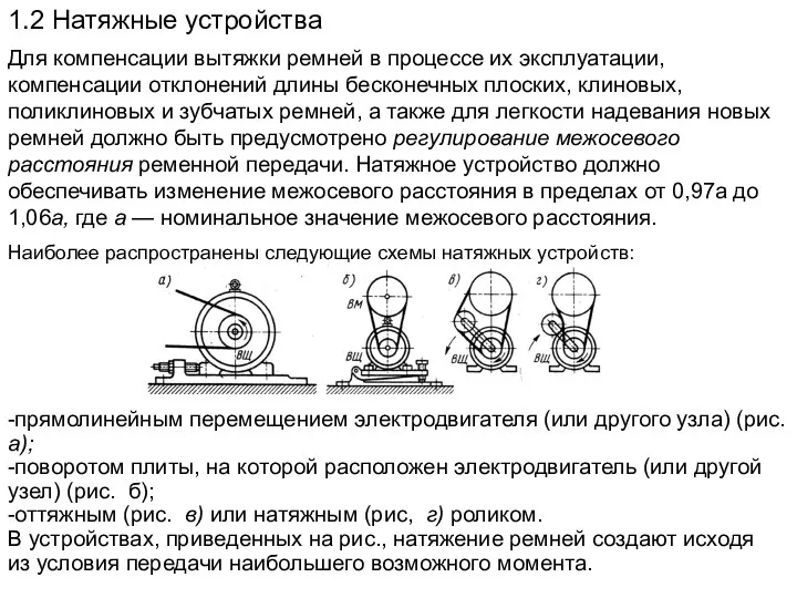 1.2 Натяжные устройства Для компенсации вытяжки ремней в процессе их эксплуатации,