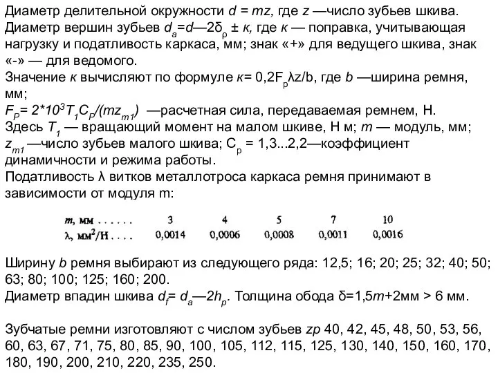 Диаметр делительной окружности d = mz, где z —число зубьев шкива.