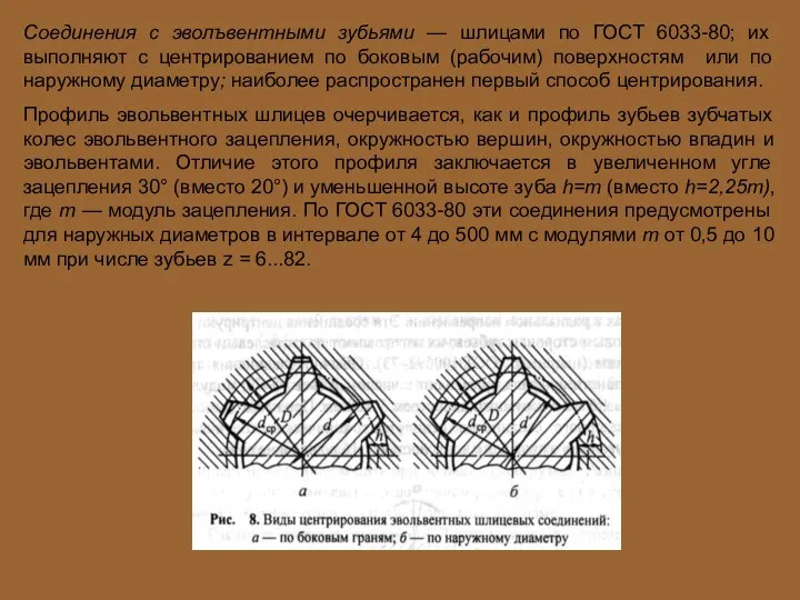 Соединения с эволъвентными зубьями — шлицами по ГОСТ 6033-80; их выполняют