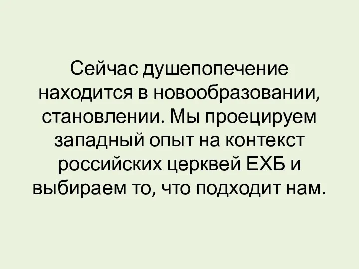 Сейчас душепопечение находится в новообразовании, становлении. Мы проецируем западный опыт на