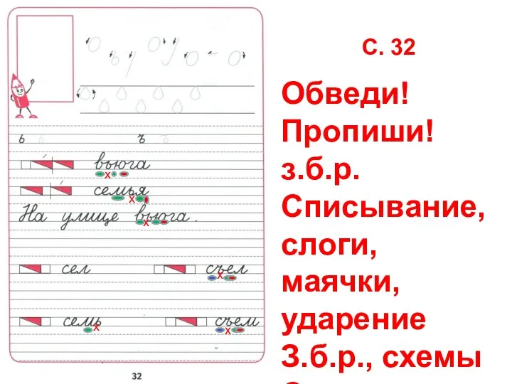 С. 32 Обведи! Пропиши! з.б.р. Списывание, слоги, маячки, ударение З.б.р., схемы