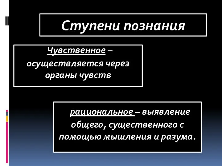 Ступени познания Чувственное – осуществляется через органы чувств рациональное – выявление