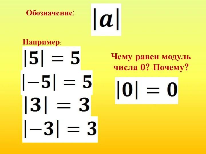 Обозначение: Например: Чему равен модуль числа 0? Почему?